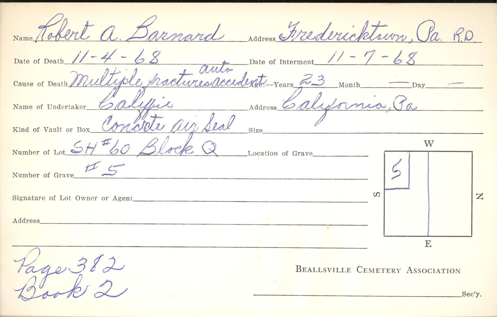 Robert A. Barnard burial card